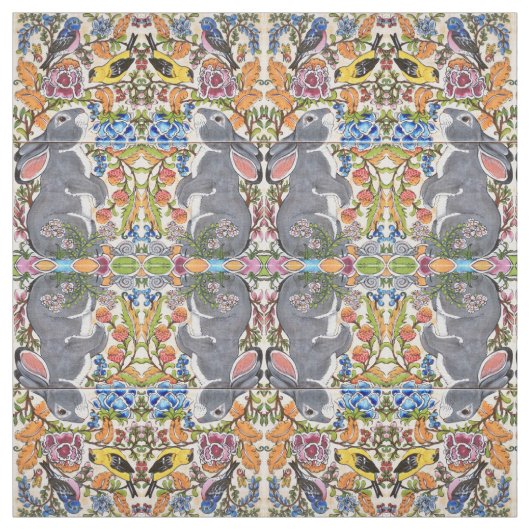 Bunny Rabbit, Vogelbloemen, met textiel verbonden Stof (Swatch)