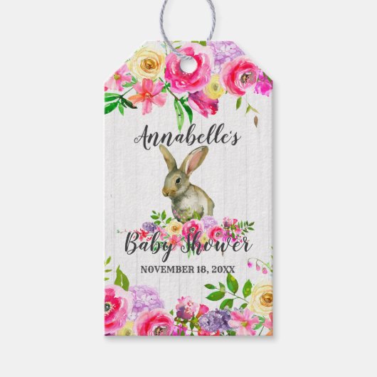 Bunny Rabbit Waterverf Bloemen Baby shower Dank Y Cadeaulabel (Voorkant)