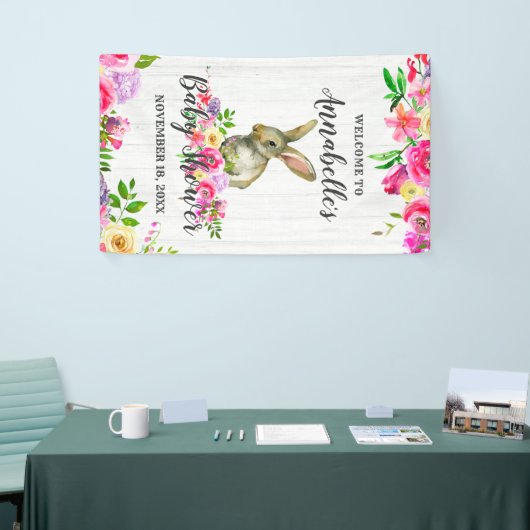 Bunny Rabbit Waterverf Bloemen Baby shower Welkom Spandoek (Beurs)