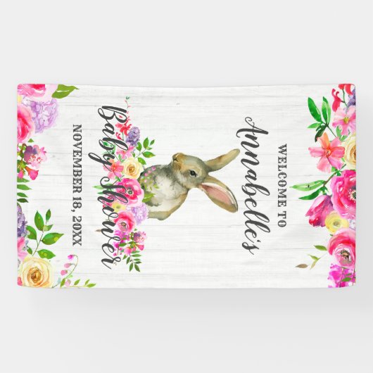 Bunny Rabbit Waterverf Bloemen Baby shower Welkom Spandoek (Horizontaal)