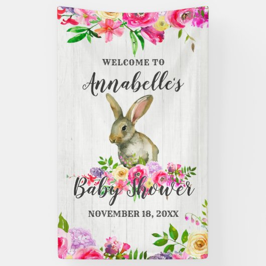 Bunny Rabbit Waterverf Bloemen Baby shower Welkom Spandoek (Verticaal)
