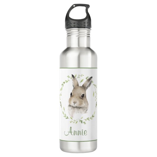 Bunny Rabbit Waterverf Greenery Name Drink Waterfles (Voorkant)