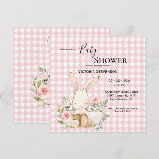 Bunny Rabbit Waterverf Houndstooth Baby shower (Voorkant / Achterkant)