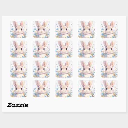 Bunny Rabbit with Blue Eyes and Spring Wildflowers Vierkante Sticker (Vel)