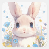 Bunny Rabbit with Blue Eyes and Spring Wildflowers Vierkante Sticker (Voorkant)