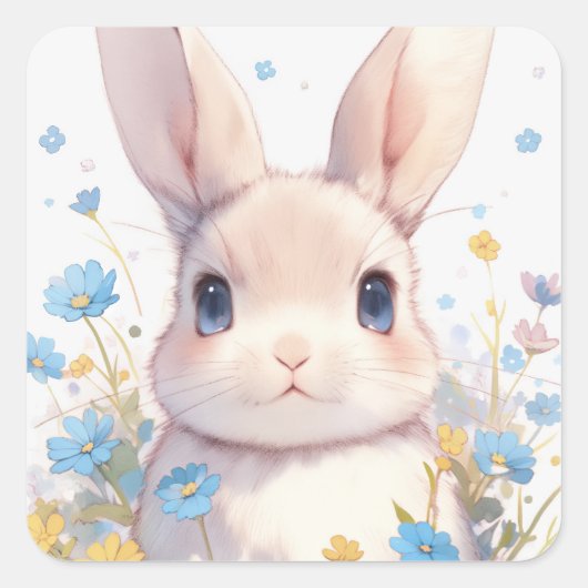 Bunny Rabbit with Blue Eyes and Spring Wildflowers Vierkante Sticker (Voorkant)