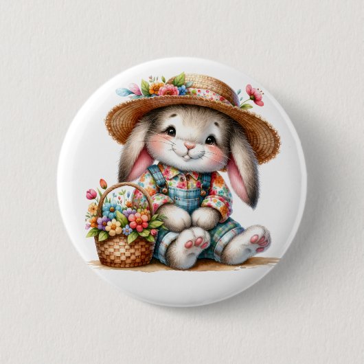 Bunny Rabbit With Florals Ronde Button 5,7 Cm (Voorkant)