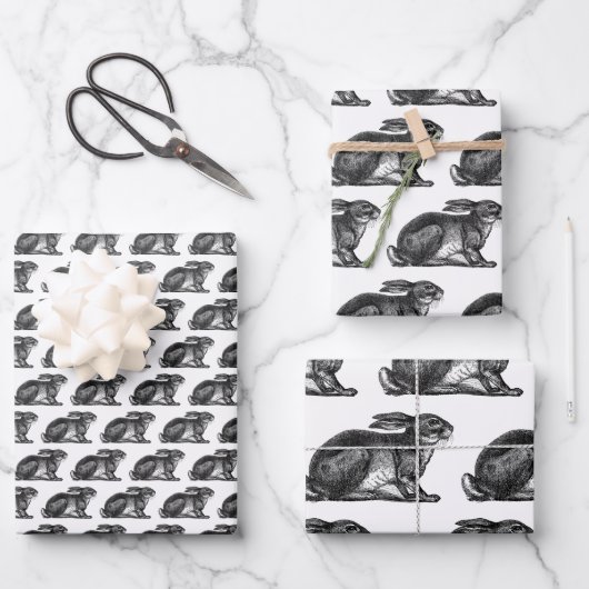 Bunny Rabbit Wrapping Paper Sheets Black & White (Voorkant)