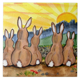 Bunny Rabbit & Yellow Sunrise 6" Tile Trivet Tegeltje
