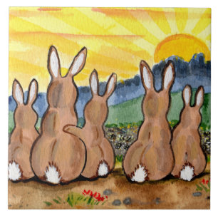 Bunny Rabbit & Yellow Sunrise 6" Tile Trivet Tegeltje