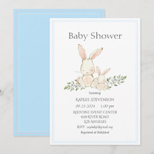 Bunny Rabbits Blue Modern Baby shower Invitation Kaart
