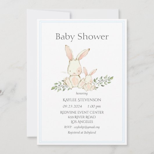 Bunny Rabbits Blue Modern Baby shower Invitation Kaart (Voorkant)