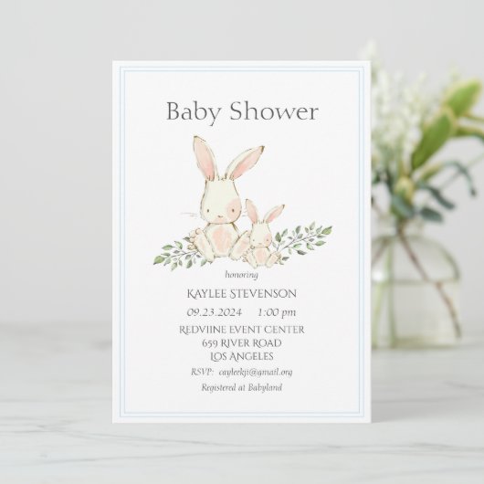 Bunny Rabbits Blue Modern Baby shower Invitation Kaart (Staand voorkant)