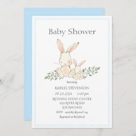 Bunny Rabbits Blue Modern Baby shower Invitation Kaart