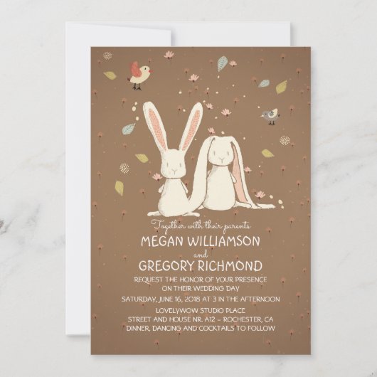 Bunny Rabbits Cute Rustic Woodland Wedding Kaart (Voorkant)