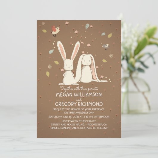 Bunny Rabbits Cute Rustic Woodland Wedding Kaart (Staand voorkant)