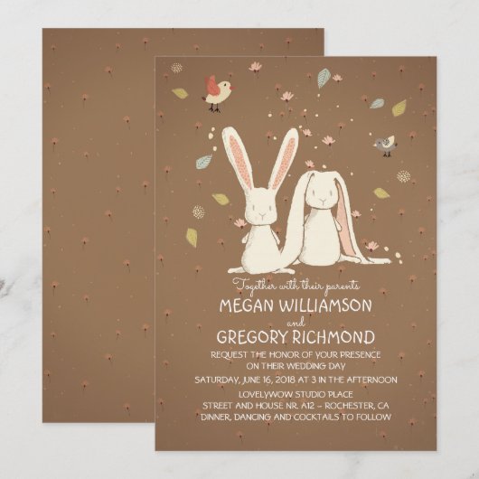 Bunny Rabbits Cute Rustic Woodland Wedding Kaart (Voorkant / Achterkant)