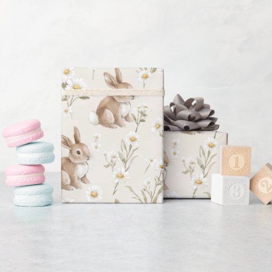 Bunny Rabbits Daisy Flowers Cadeaupapier (Baby Shower)