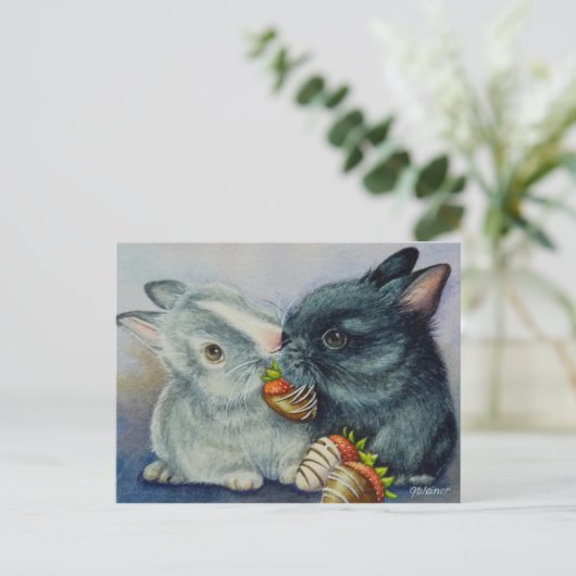 Bunny Rabbits & Dipped Strawberries Waterverf Art Briefkaart (Staand voorkant)