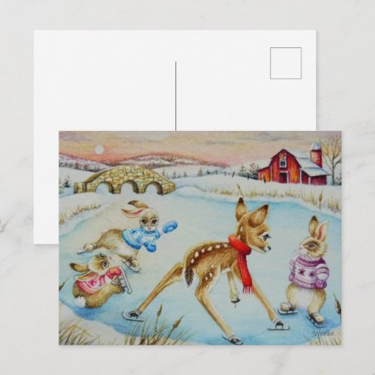 Bunny Rabbits & Fawn Ice Skating Waterverf Art Briefkaart (Voorkant / Achterkant)