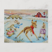 Bunny Rabbits & Fawn Ice Skating Waterverf Art Briefkaart (Voorkant)