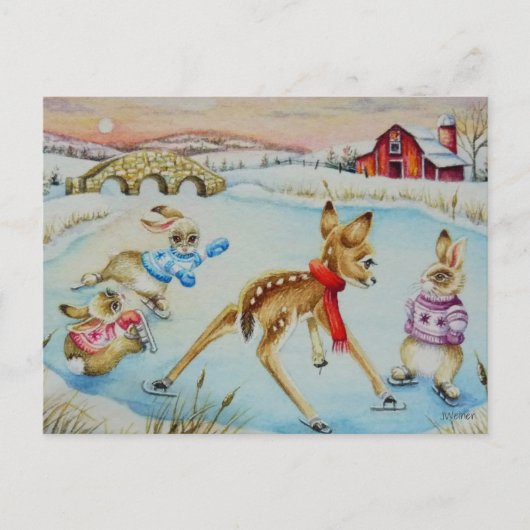 Bunny Rabbits & Fawn Ice Skating Waterverf Art Briefkaart (Voorkant)