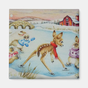 Bunny Rabbits & Fawn Ice Skating Waterverf Art Magneet