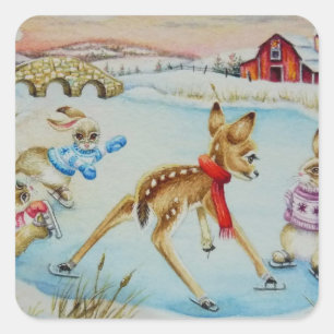 Bunny Rabbits & Fawn Ice Skating Waterverf Art Vierkante Sticker