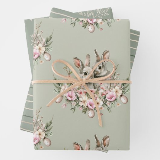Bunny Rabbits Floral Easter Brunch Olijfkleur Inpakpapier Vel (In situ)