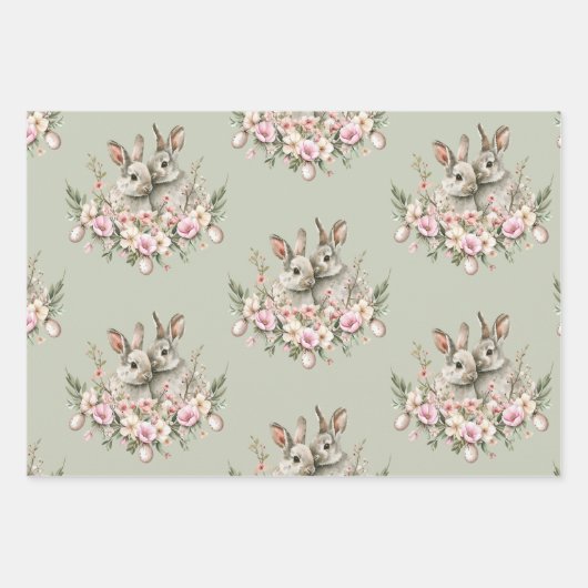 Bunny Rabbits Floral Easter Brunch Olijfkleur Inpakpapier Vel (Voorkant)