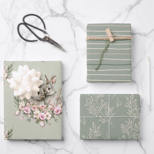 Bunny Rabbits Floral Easter Brunch Olijfkleur Inpakpapier Vel (Voorkant)