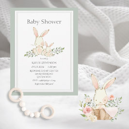 Bunny Rabbits Green Modern Baby shower Invitation Kaart