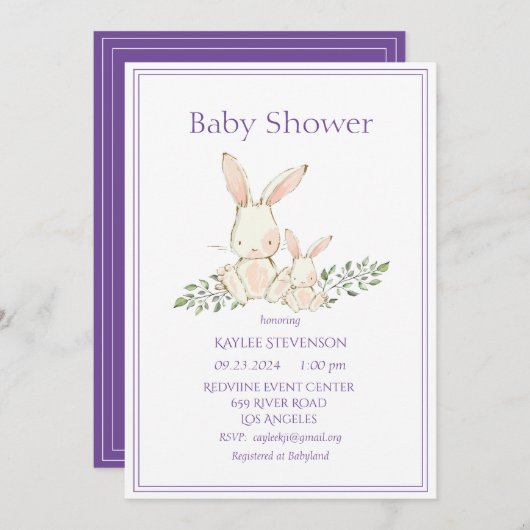 Bunny Rabbits Paarse Modern Baby shower Kaart (Voorkant / Achterkant)