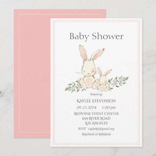 Bunny Rabbits Pink Modern Baby shower Kaart (Voorkant / Achterkant)