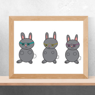Bunny Rabbits Wearing Glasses Grey Poster