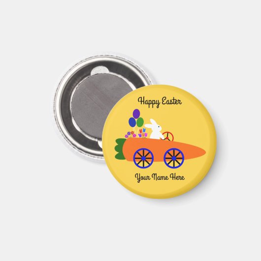 Bunny Riding Carrot Car. 2 Round Magnet (Voorkant / Achterkant)
