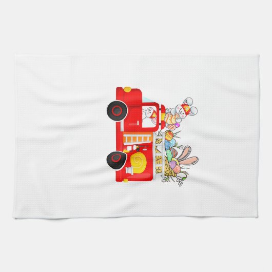 Bunny Riding Firetruck Easter Day Firefighter Happ Theedoek (Horizontaal)