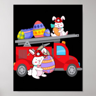 Bunny Riding Firevrachtwagen Paasdagbrandweerman Poster
