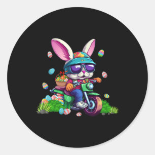Bunny Riding Motorcycle Easter Eggs Basket Mannen Ronde Sticker