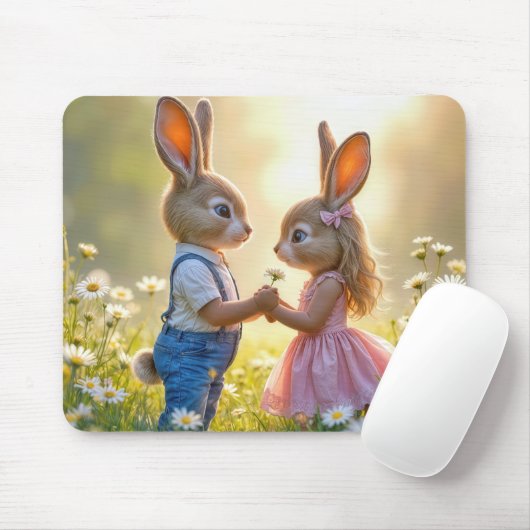Bunny Romance in een Daisy Field Muismat (Met muis)