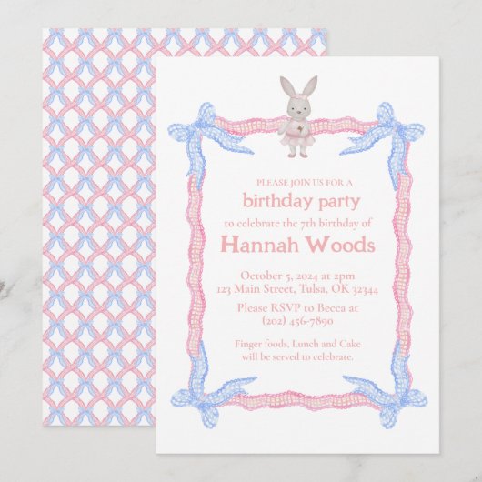 Bunny Roze Blauw Coquette Lint Feestuitnodigingen Kaart (Voorkant / Achterkant)