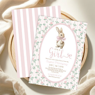  Bunny Roze Bow Bloemen Meisje Baby shower Kaart
