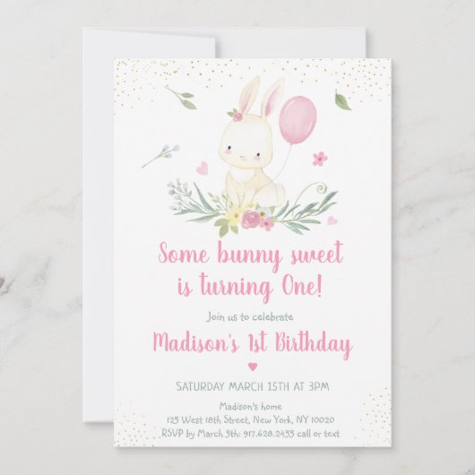 Bunny Roze Goud Bloemen Meisje Verjaardag Uitnodig Kaart (Voorkant)