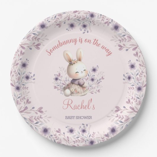 Bunny Roze Paarse Lente Bloemen Meisje Baby shower Papieren Bordje (Voorkant)
