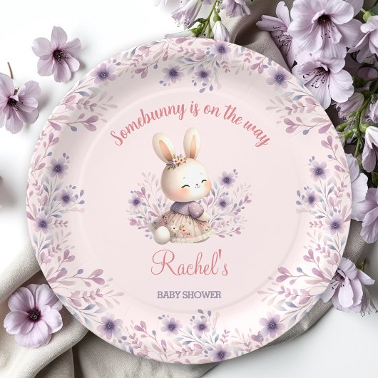 Bunny Roze Paarse Lente Bloemen Meisje Baby shower Papieren Bordje