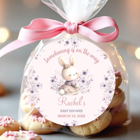 Bunny Roze Paarse Lente Bloemen Meisje Baby shower Ronde Sticker