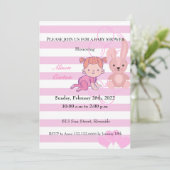 Bunny roze strepen girl baby shower uitnodiging (Staand voorkant)