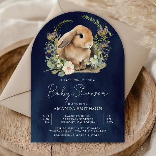 Bunny Sage Green Floral Navy Blue Arch Baby shower Kaart