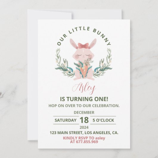 Bunny Schattige Garden Verjaardagsfeestuitnodiging Kaart (Voorkant)