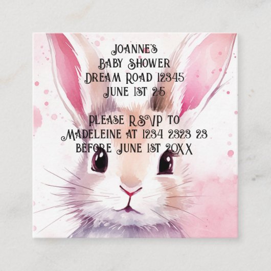 Bunny Schattige Waterverf Roze baby shower Informatiekaartje (Voorkant)